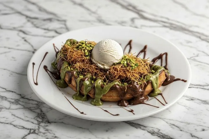 A waffle topped with shredded pastry, pistachio, chocolate drizzle and a scoop of ice cream.